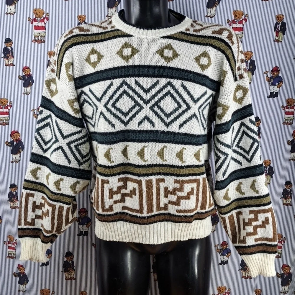 Vintage Gitano geo chunky stripe white & blue casual Med tight knit sweater